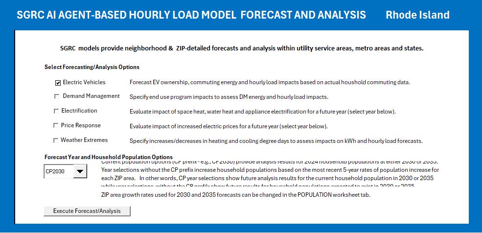 The Grid Impact Model BEGIN tab selects forecast analysis options including EVs,
                                            demand management, electrification, price response and
                                            weather extremes